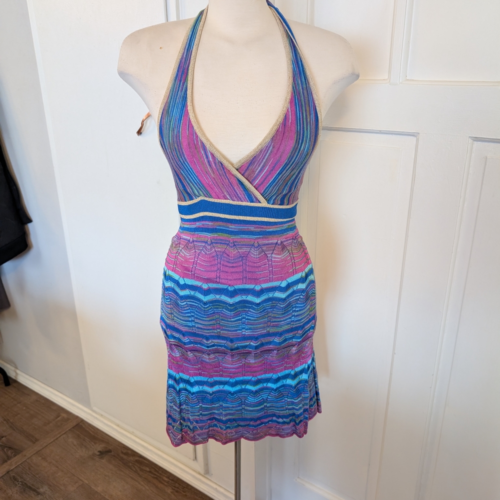 Guess Mini Dress in Purple and Blue with Halter Neck